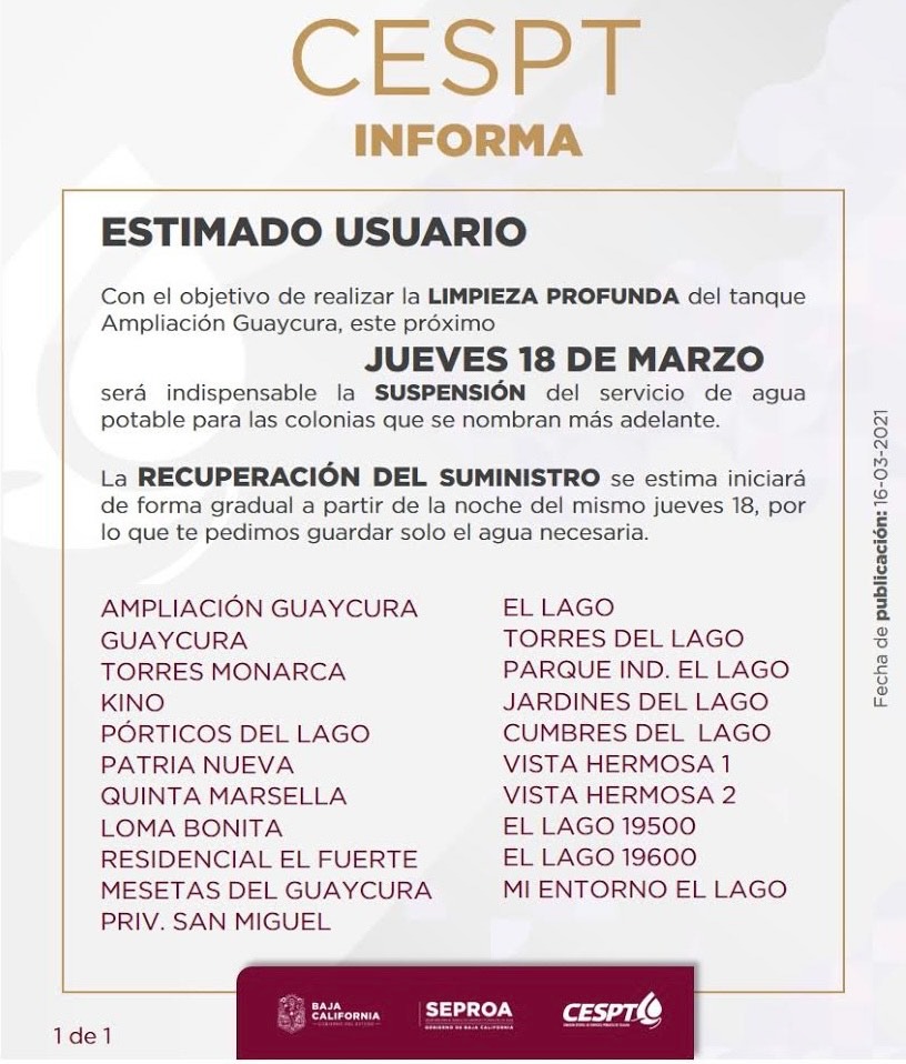 Suspensión de agua, colonias, Guaycura, tuberías, limpieza 