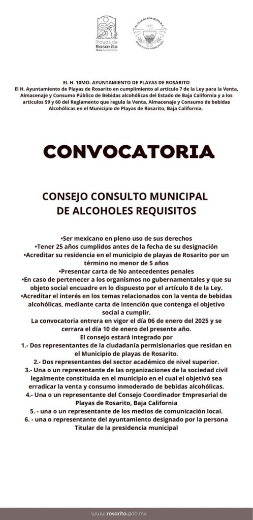 Rosarito invita a integrar el Consejo Consultivo de Alcoholes